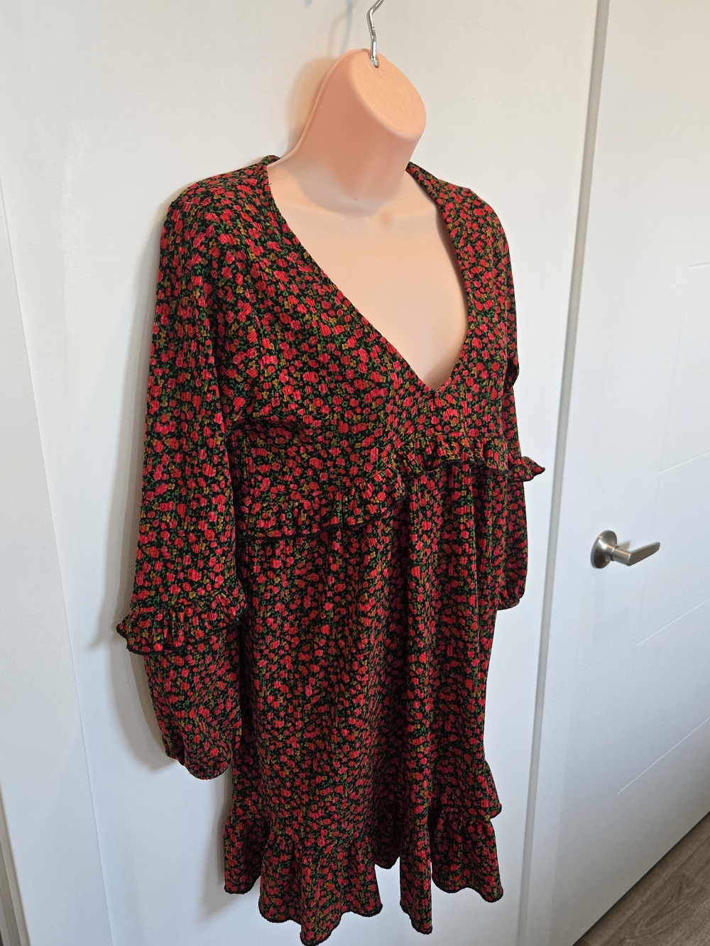 Pull&Bear Black Mini Dress with Red Floral Print